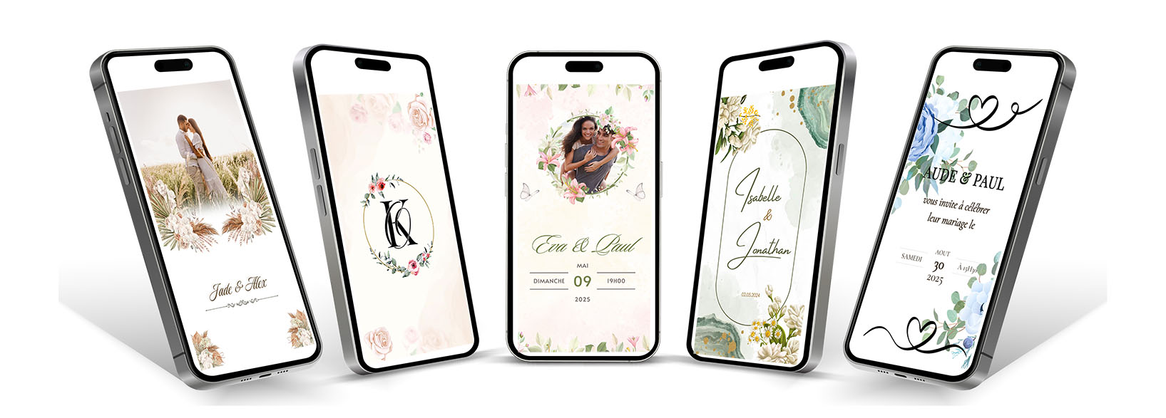 Cinq smartphones présentant des faire-part digitaux de mariage InvitationLive